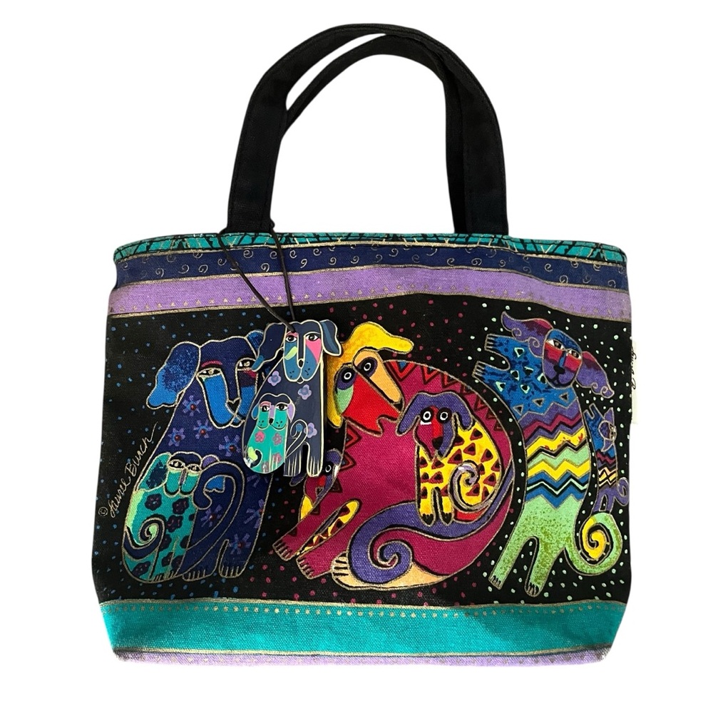 Vintage 1990s Laurel Burch Colorful Dog Canvas Tote Bag Art Purse - Picture 1 of 9